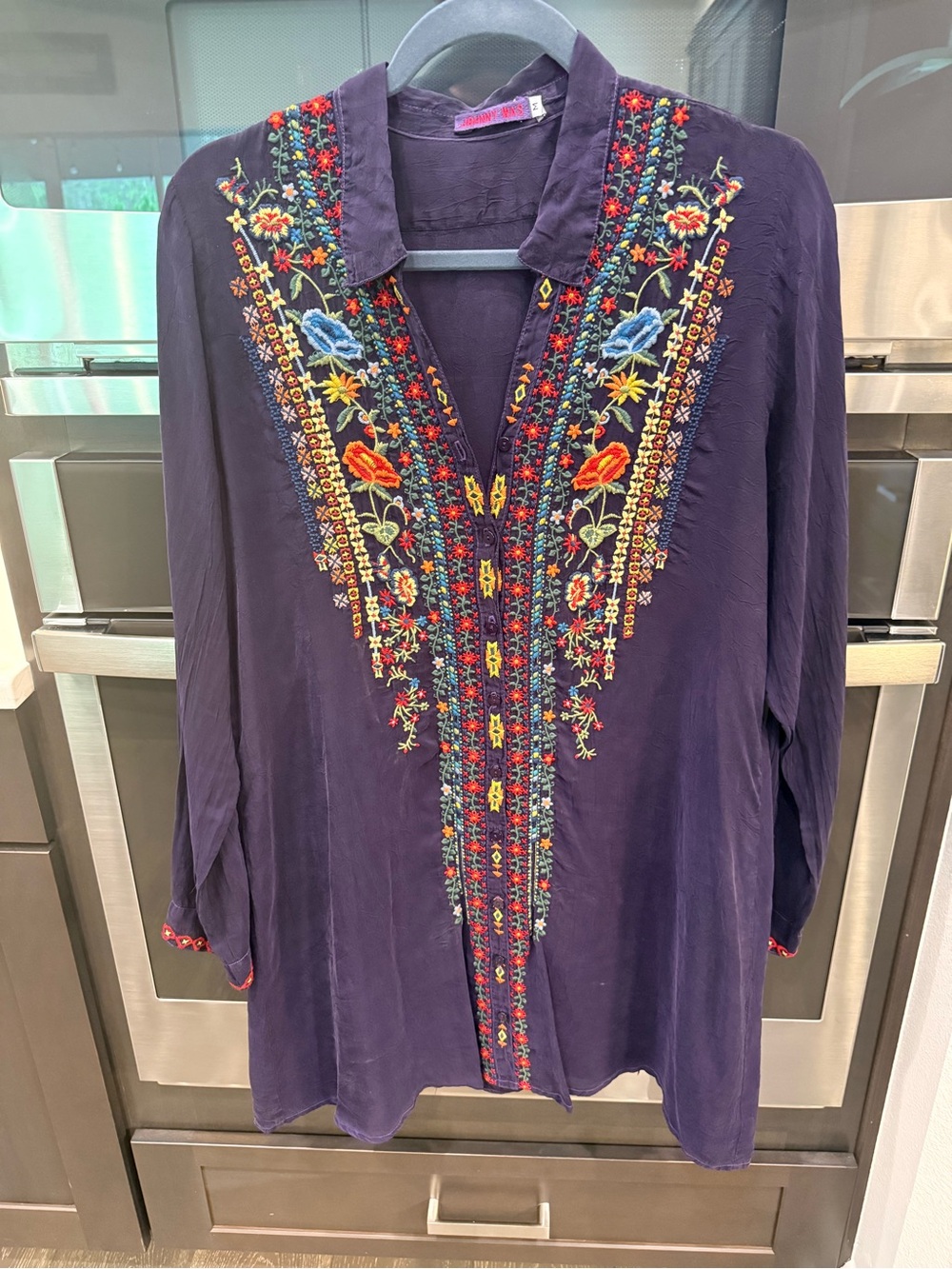 Johnny Was Embroidered V-Neck Boho Tunic Top - Purple